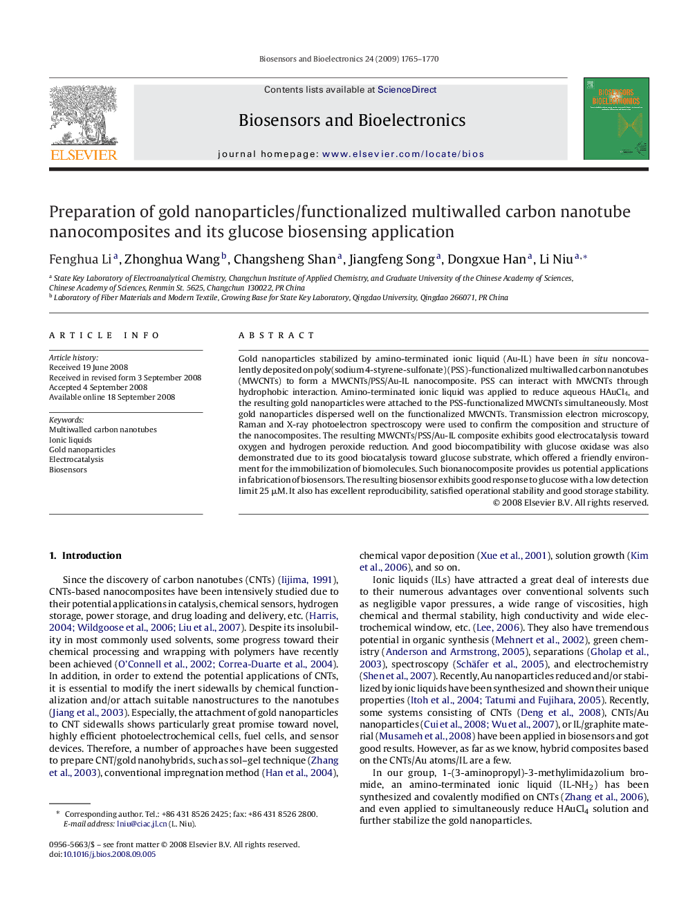 Preparation of gold nanoparticles/functionalized multiwalled carbon nanotube nanocomposites and its glucose biosensing application