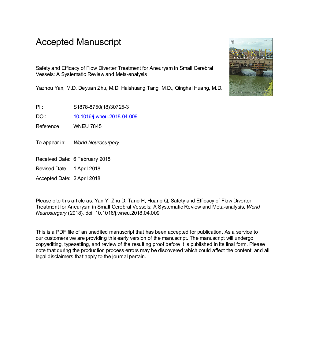 Safety and Efficacy of Flow Diverter Treatment for Aneurysm in Small Cerebral Vessels: AÂ Systematic Review and Meta-Analysis