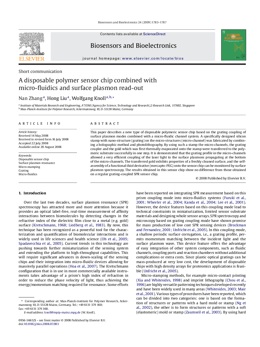 A disposable polymer sensor chip combined with micro-fluidics and surface plasmon read-out