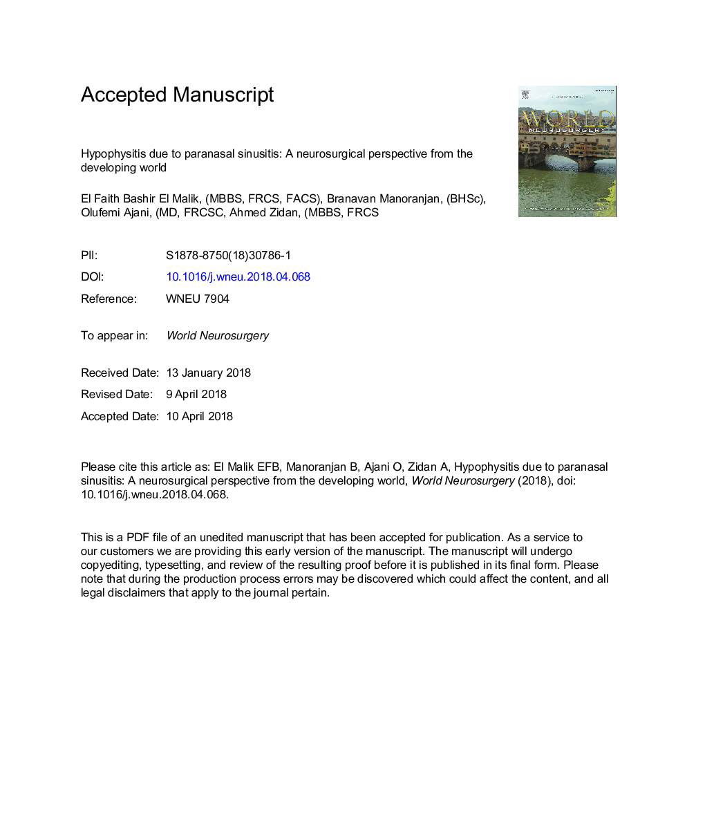 Hypophysitis Due to Paranasal Sinusitis: Neurosurgical Perspective from Developing World