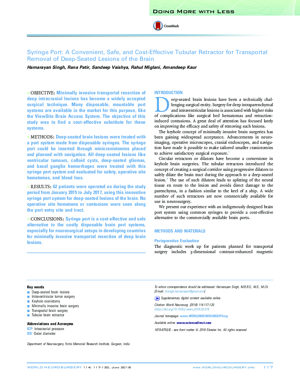 Syringe Port: A Convenient, Safe, and Cost-Effective Tubular Retractor for Transportal Removal of Deep-Seated Lesions of the Brain