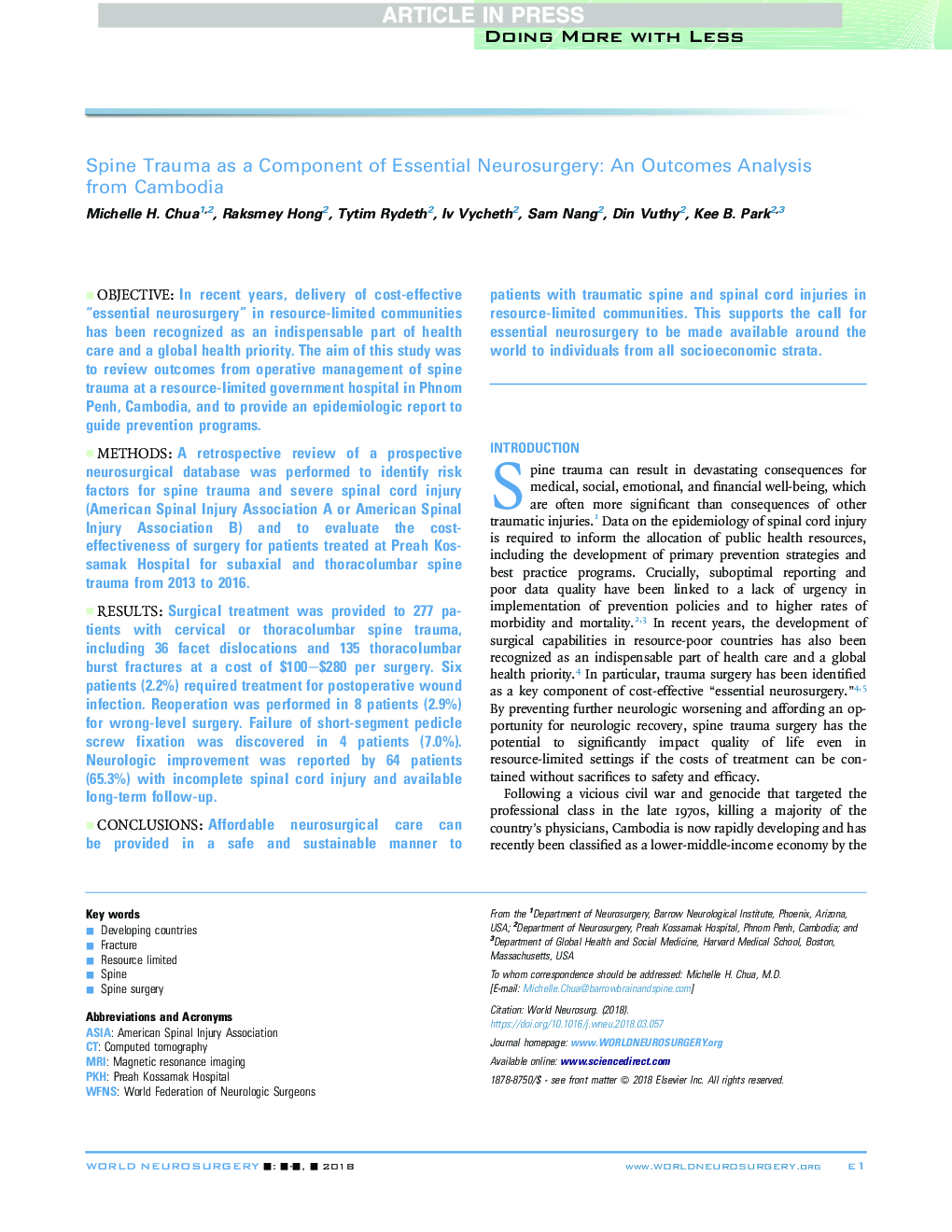 Spine Trauma as a Component of Essential Neurosurgery: An Outcomes Analysis from Cambodia