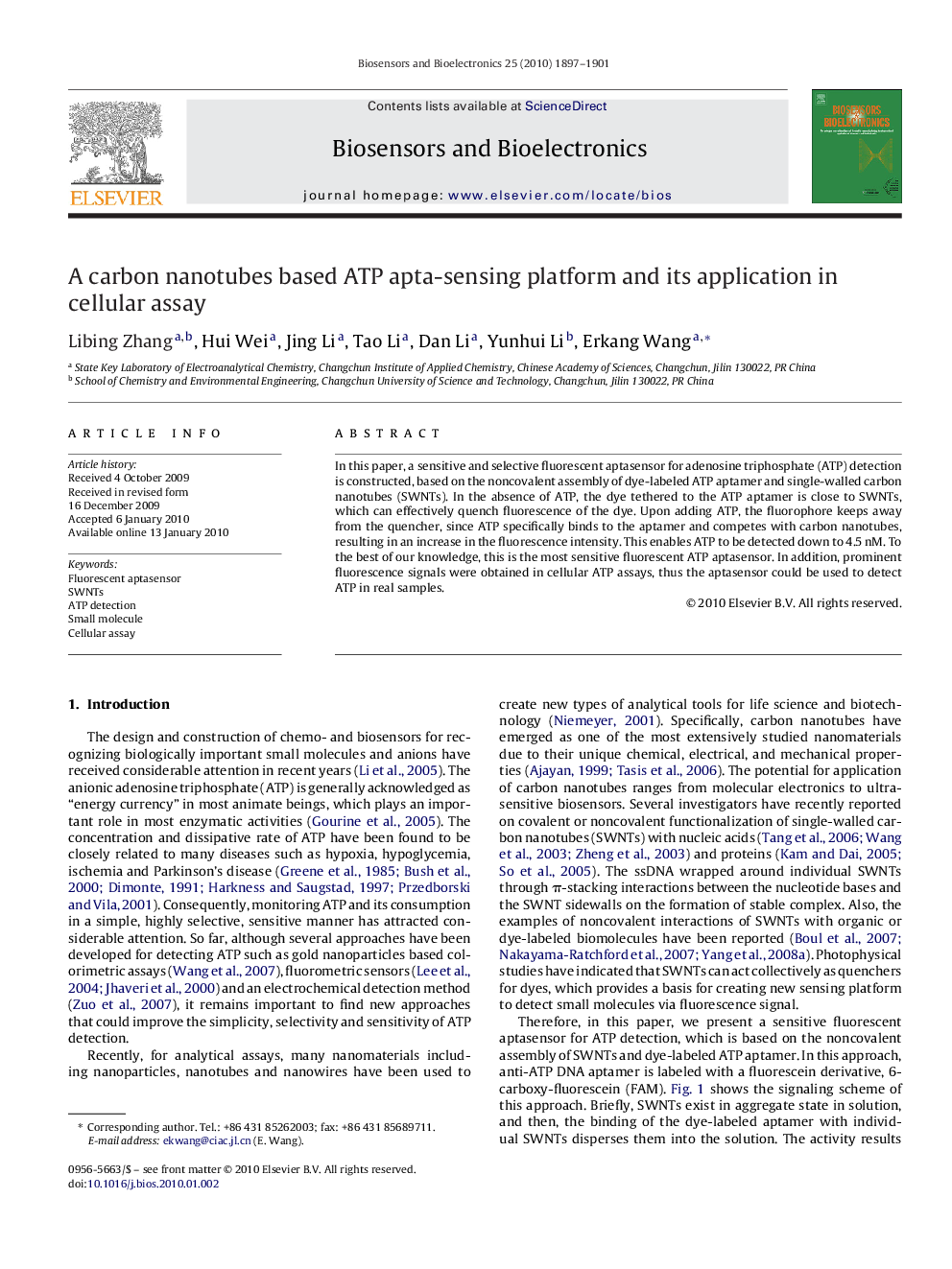 A carbon nanotubes based ATP apta-sensing platform and its application in cellular assay