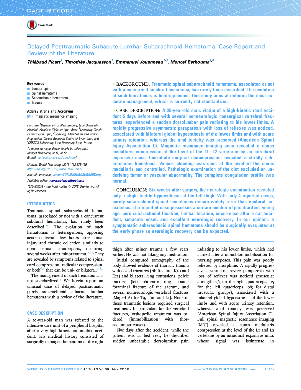 Delayed Posttraumatic Subacute Lumbar Subarachnoid Hematoma: Case Report and Review of the Literature