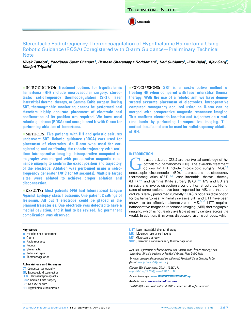 Stereotactic Radiofrequency Thermocoagulation of Hypothalamic Hamartoma Using Robotic Guidance (ROSA) Coregistered with O-arm Guidance-Preliminary Technical Note