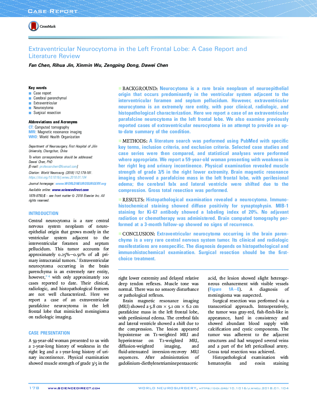 Extraventricular Neurocytoma in the Left Frontal Lobe: A Case Report and Literature Review