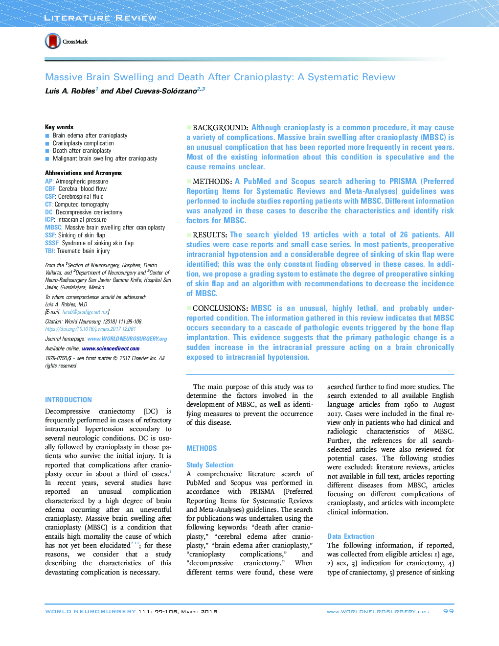 Massive Brain Swelling and Death After Cranioplasty: A Systematic Review