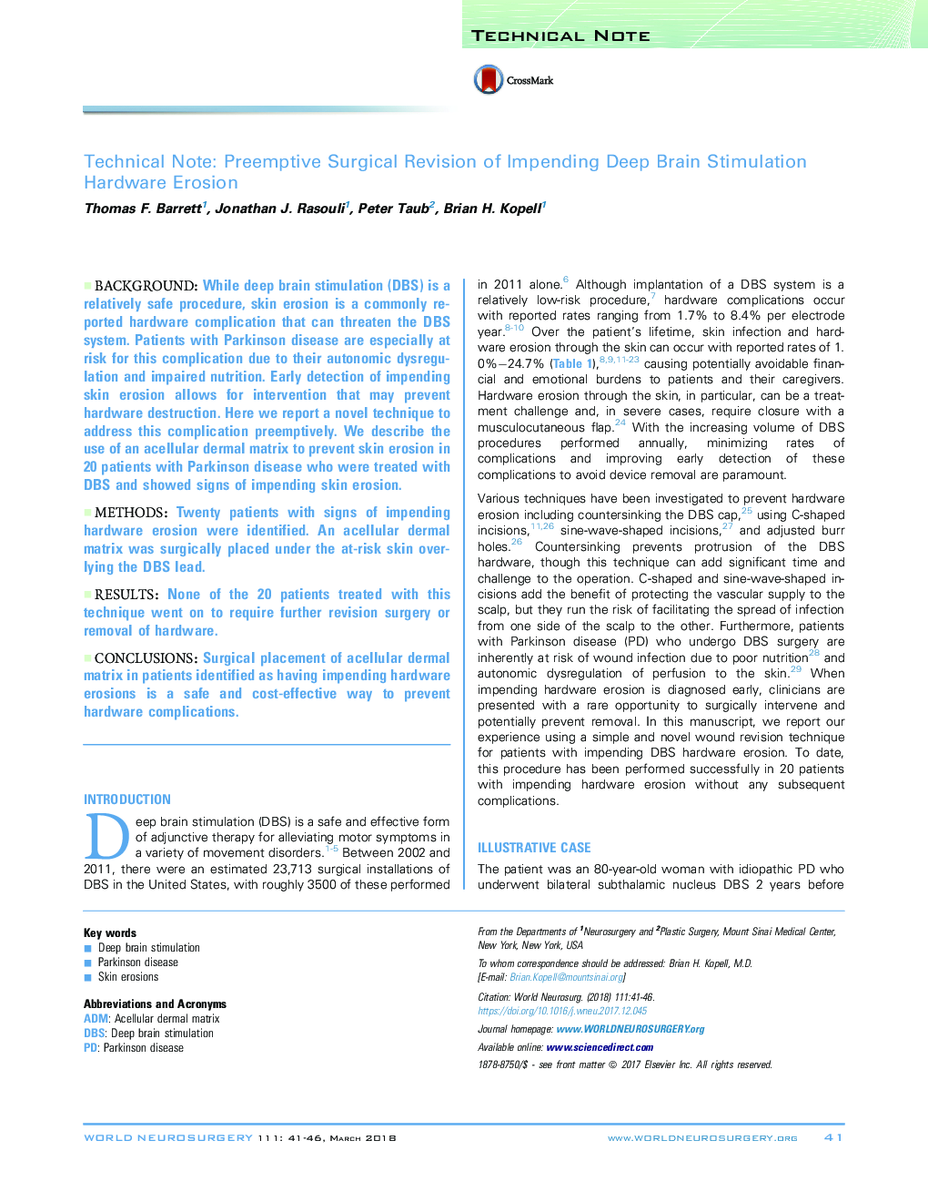 Technical Note: Preemptive Surgical Revision of Impending Deep Brain Stimulation Hardware Erosion