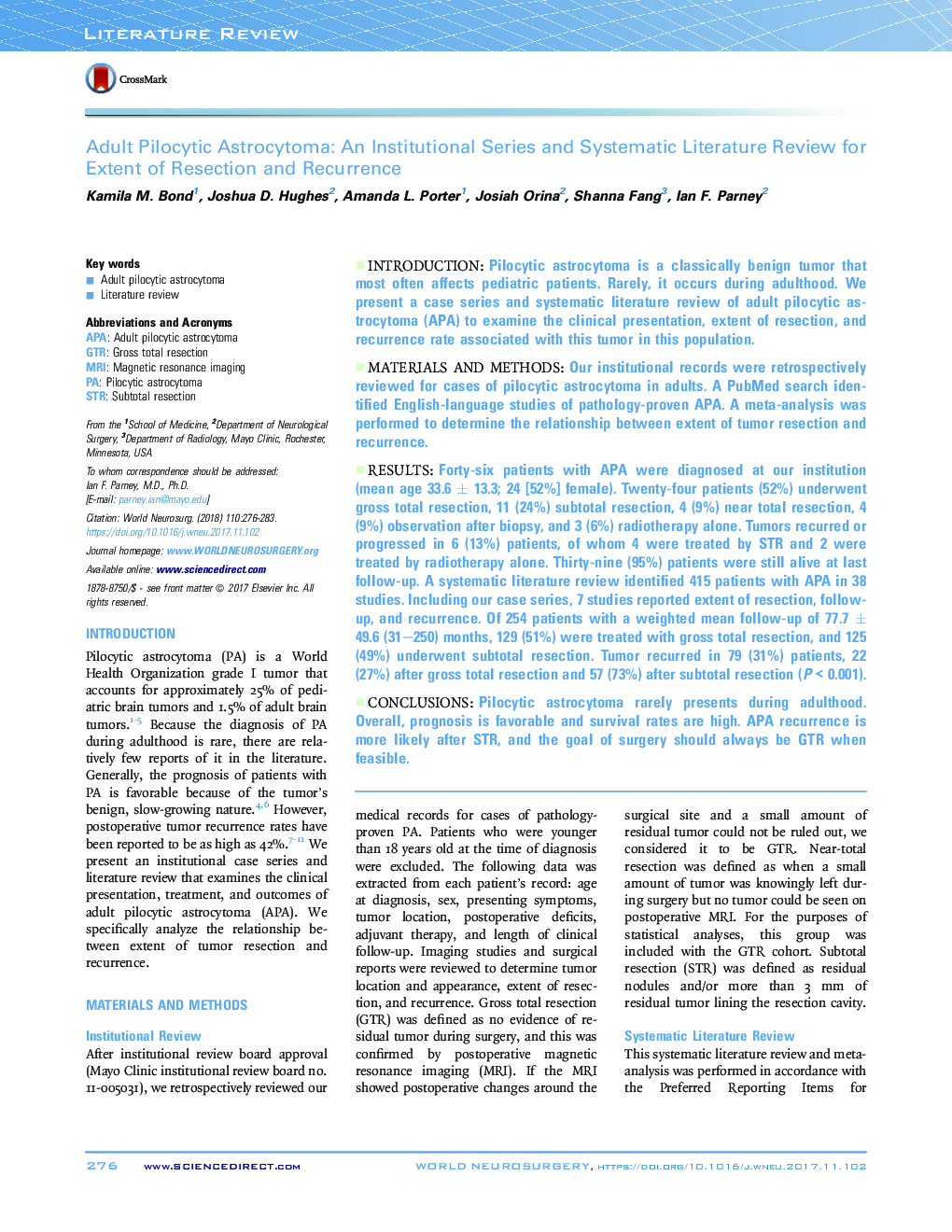 Adult Pilocytic Astrocytoma: An Institutional Series and Systematic Literature Review for Extent of Resection and Recurrence
