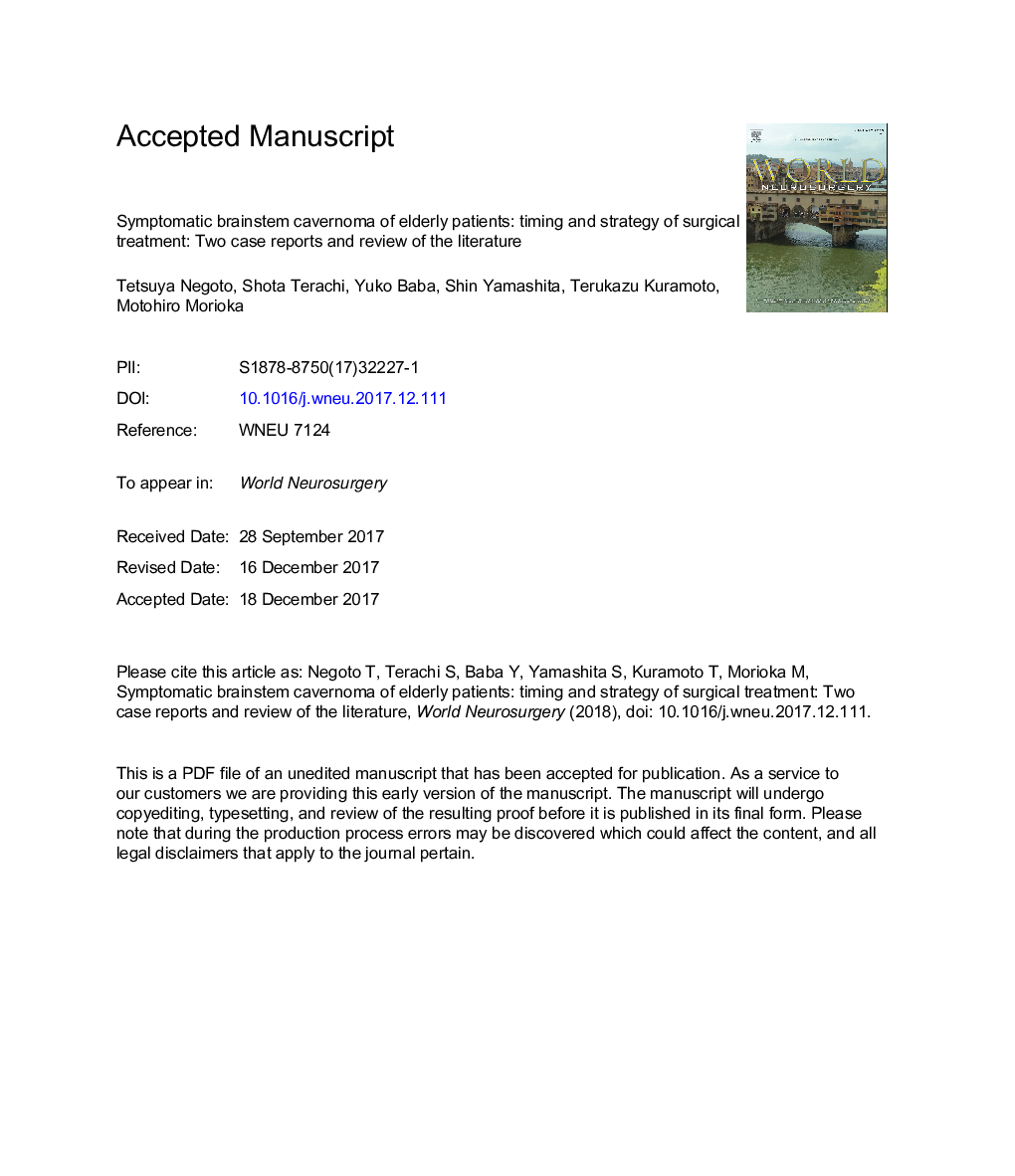 Symptomatic Brainstem Cavernoma of Elderly Patients: Timing and Strategy of Surgical Treatment. Two Case Reports and Review of the Literature