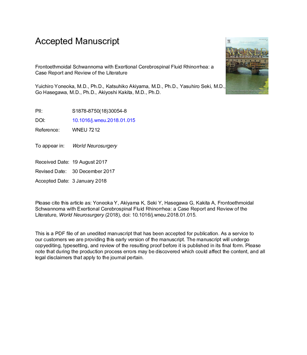 Frontoethmoidal Schwannoma with Exertional Cerebrospinal Fluid Rhinorrhea: Case Report and Review of Literature