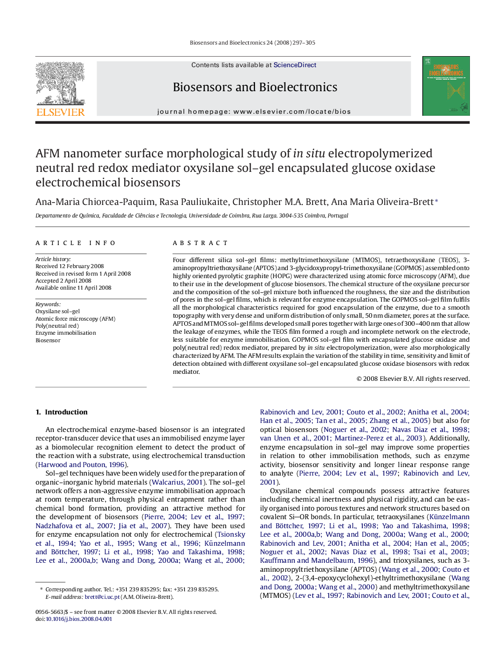 AFM nanometer surface morphological study of in situ electropolymerized neutral red redox mediator oxysilane sol–gel encapsulated glucose oxidase electrochemical biosensors