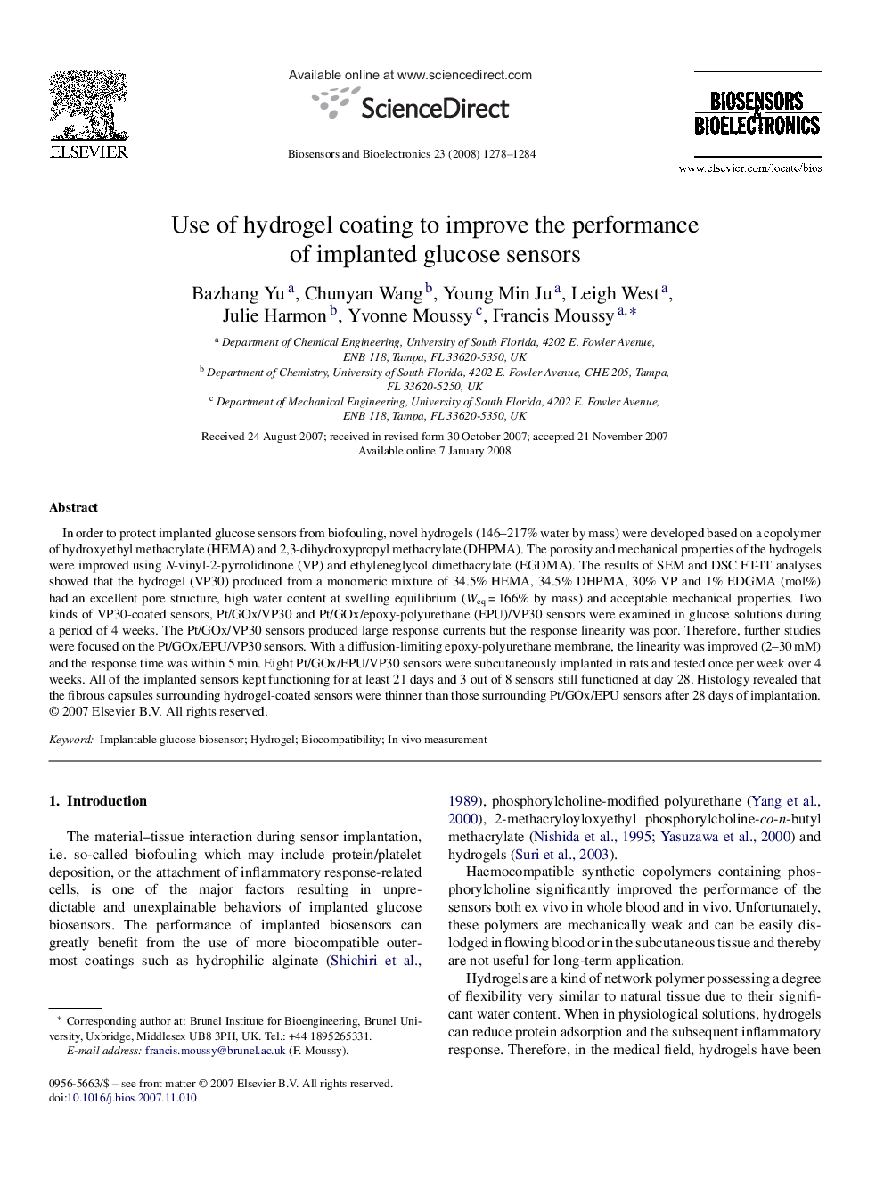 Use of hydrogel coating to improve the performance of implanted glucose sensors