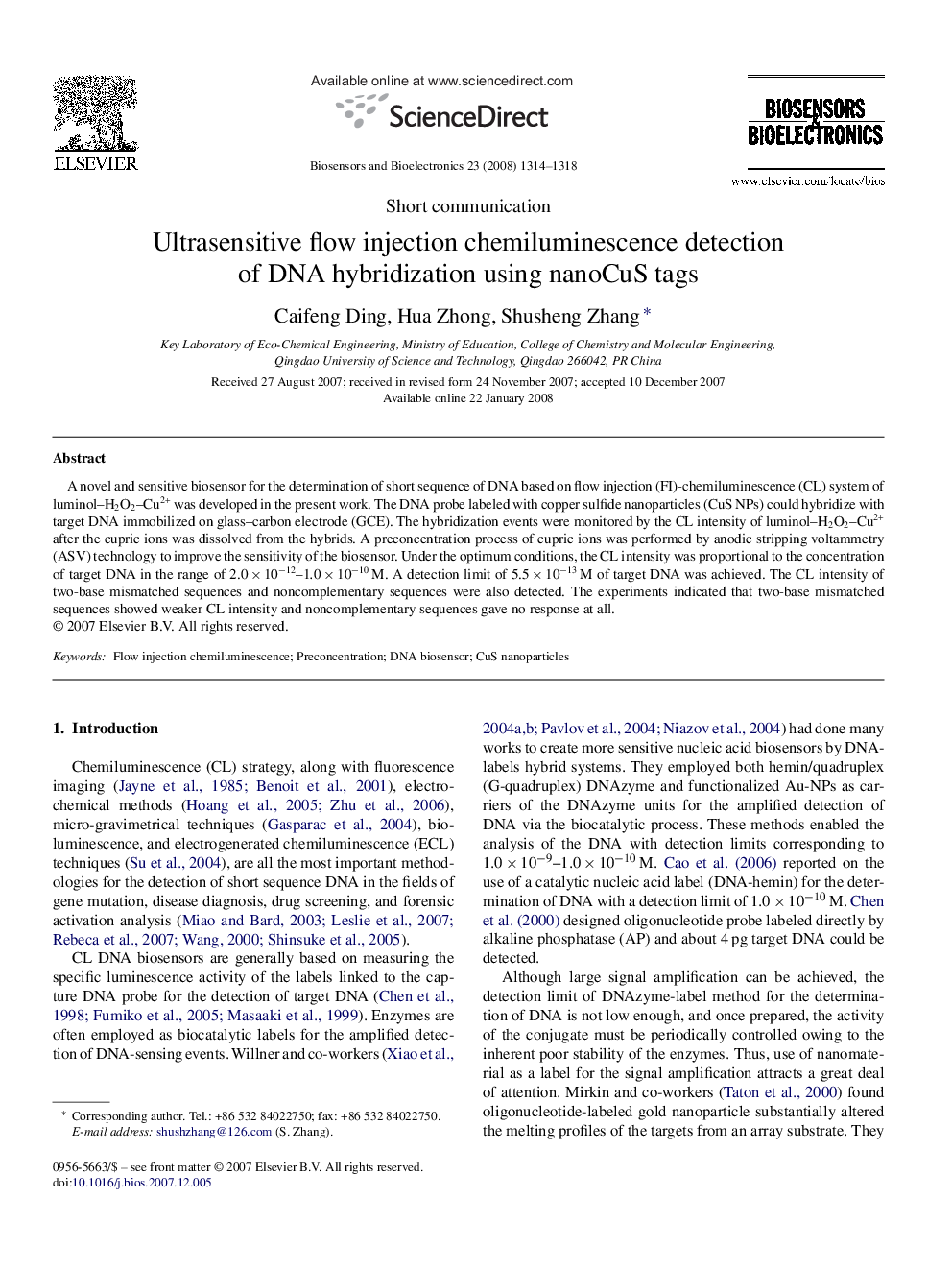 Ultrasensitive flow injection chemiluminescence detection of DNA hybridization using nanoCuS tags