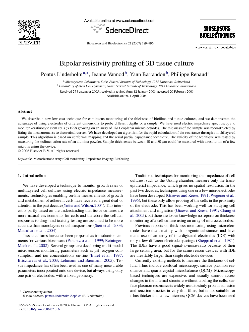 Bipolar resistivity profiling of 3D tissue culture