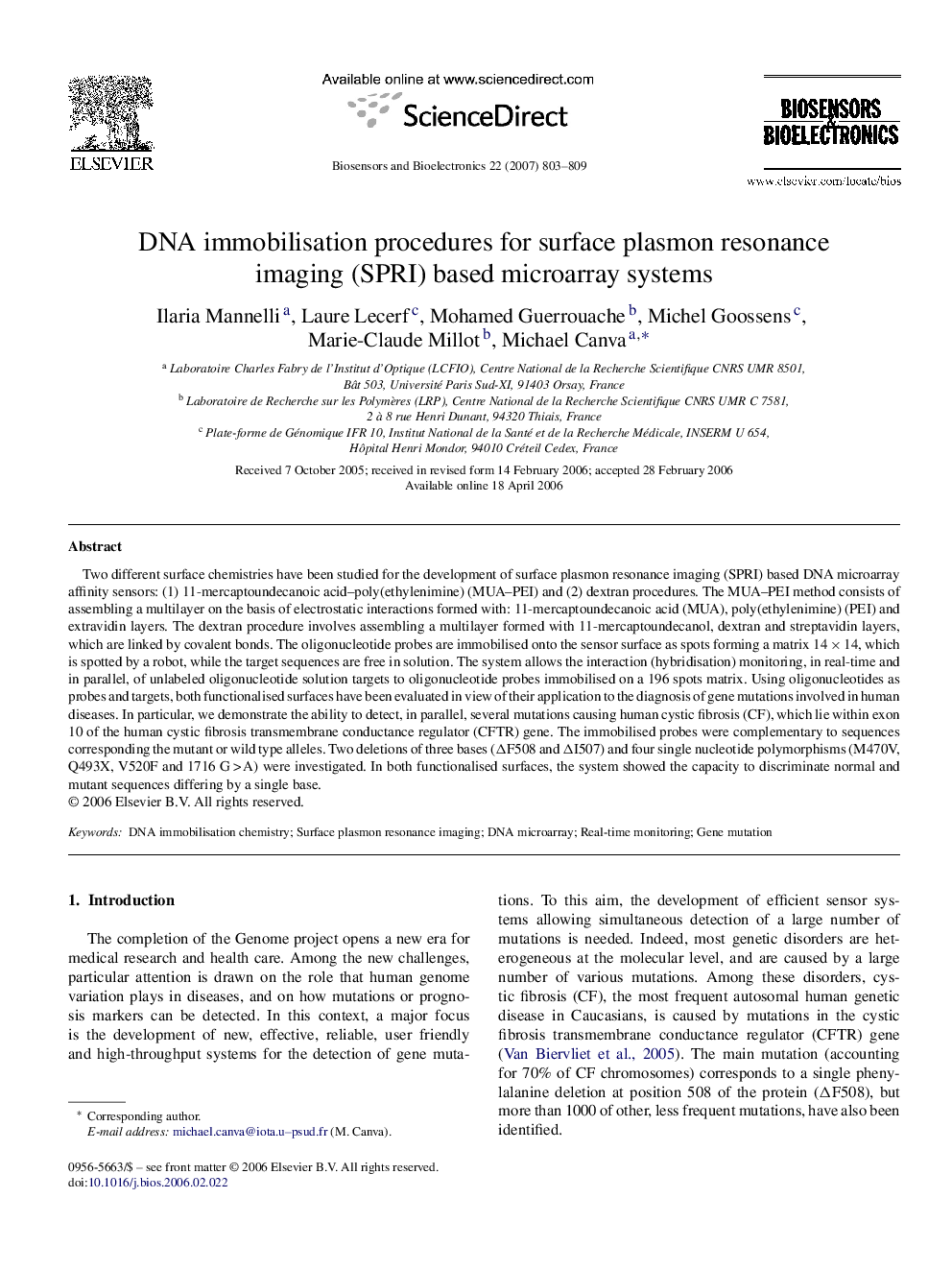 DNA immobilisation procedures for surface plasmon resonance imaging (SPRI) based microarray systems