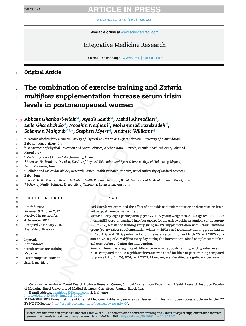 The combination of exercise training and Zataria multiflora supplementation increase serum irisin levels in postmenopausal women