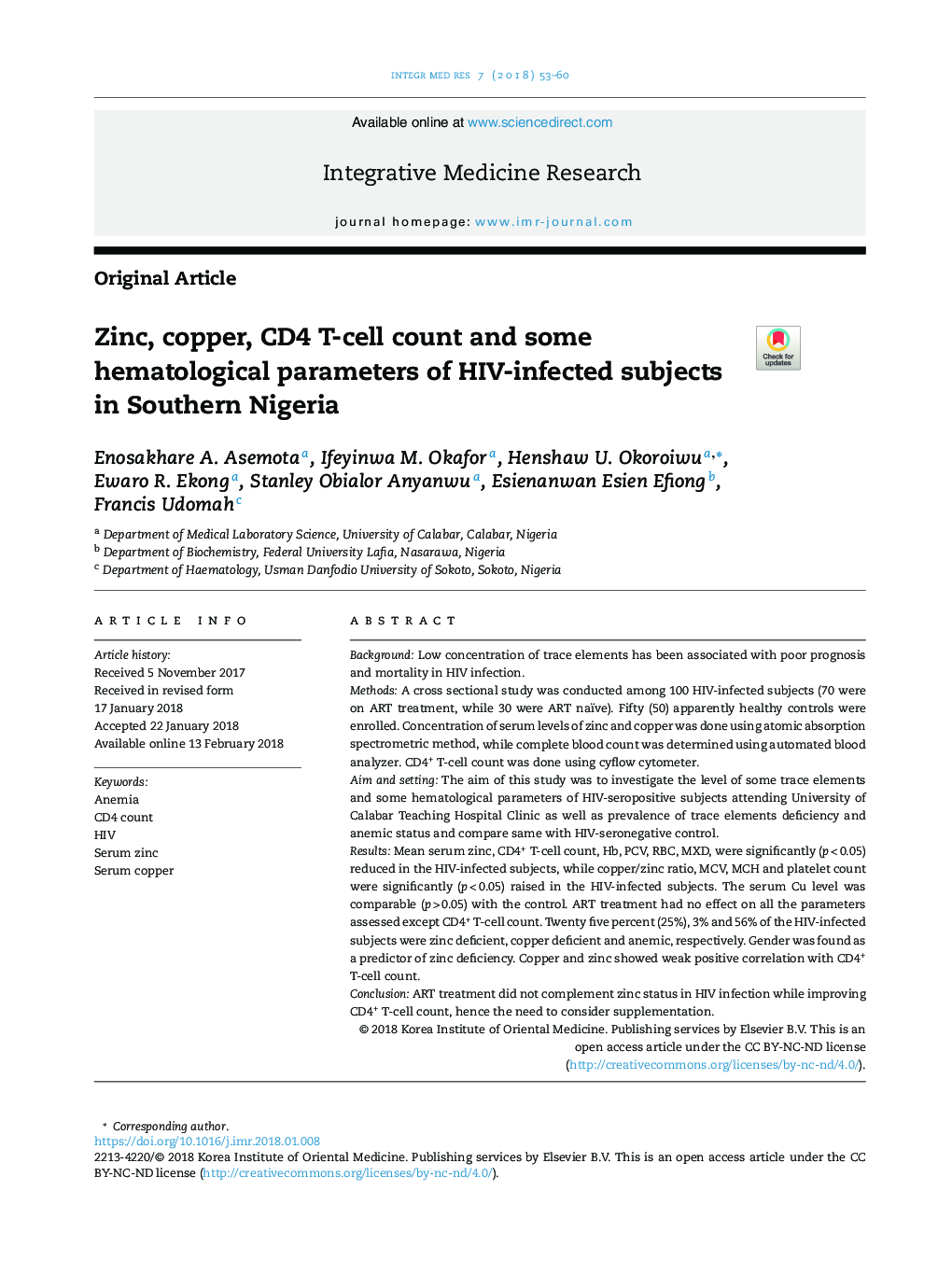 Zinc, copper, CD4 T-cell count and some hematological parameters of HIV-infected subjects in Southern Nigeria