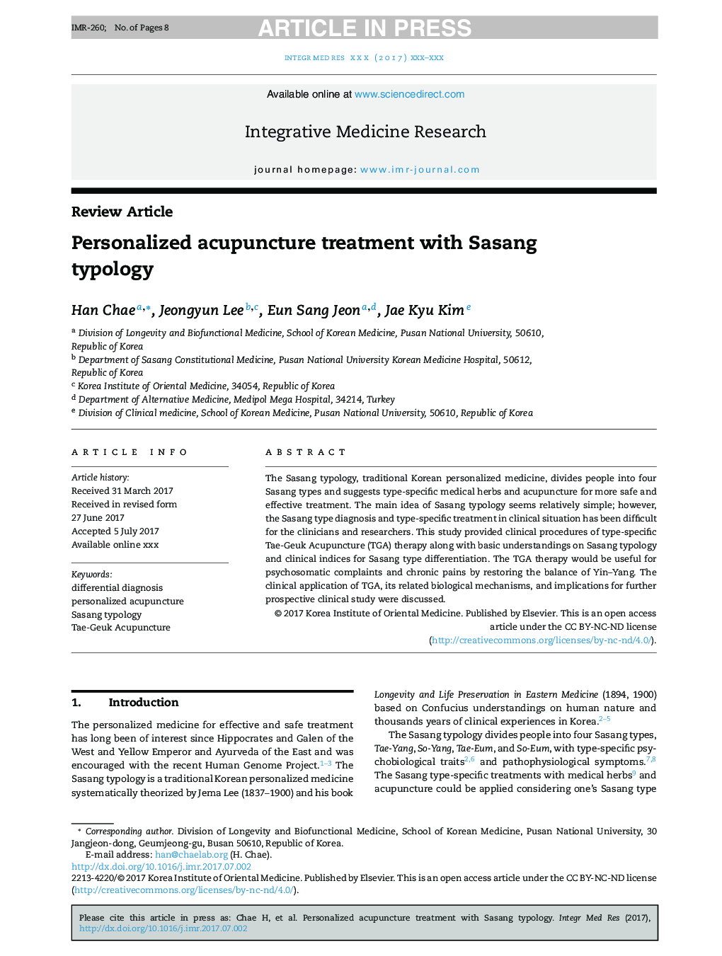 Personalized acupuncture treatment with Sasang typology