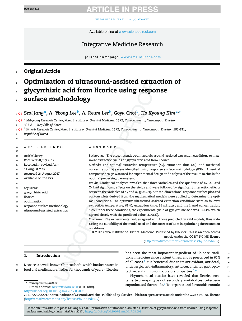 Optimization of ultrasound-assisted extraction of glycyrrhizic acid from licorice using response surface methodology