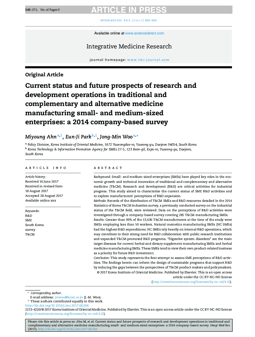 Current status and future prospects of research and development operations in traditional and complementary and alternative medicine manufacturing small- and medium-sized enterprises: a 2014 company-based survey