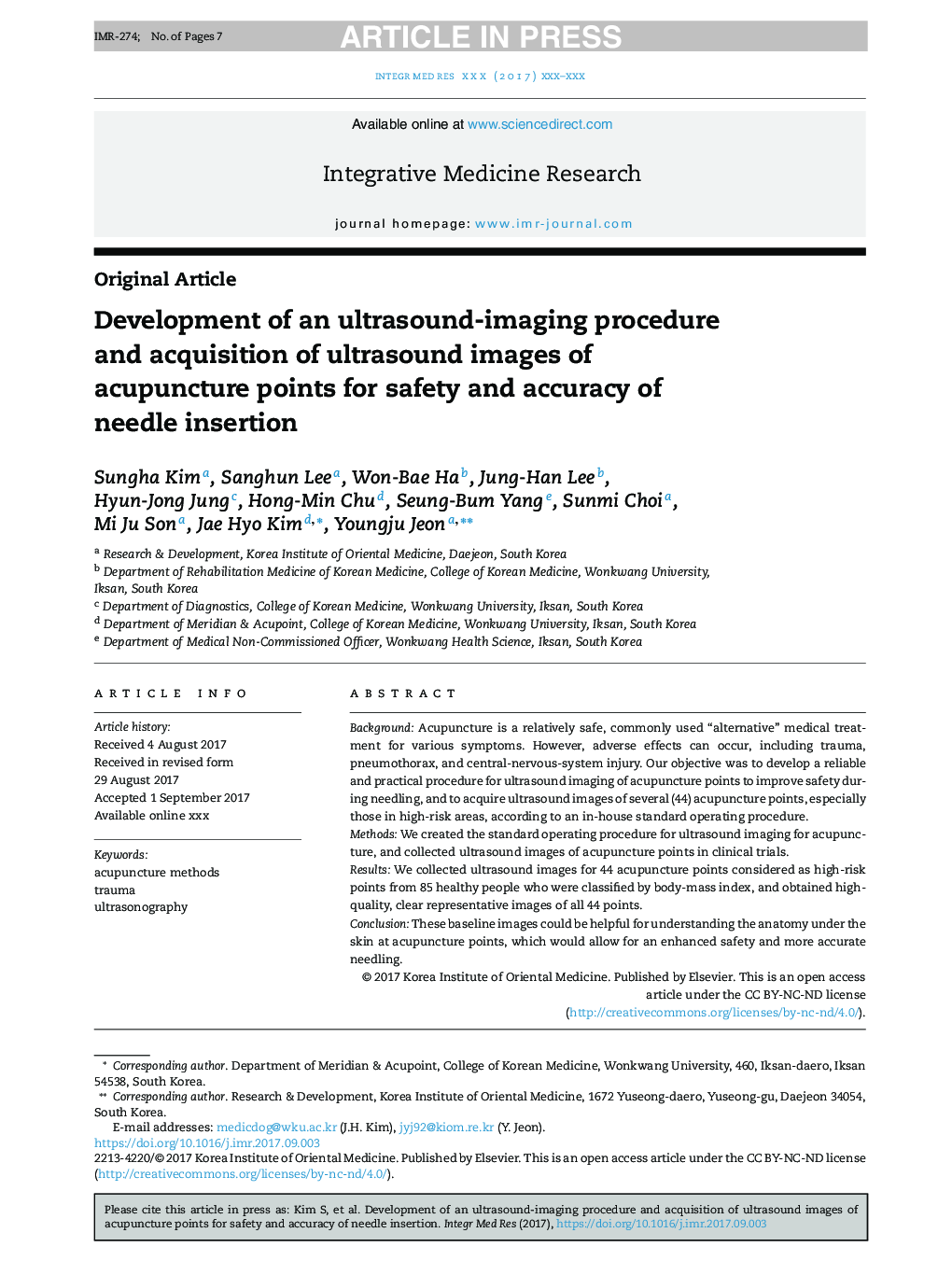 Development of an ultrasound-imaging procedure and acquisition of ultrasound images of acupuncture points for safety and accuracy of needle insertion