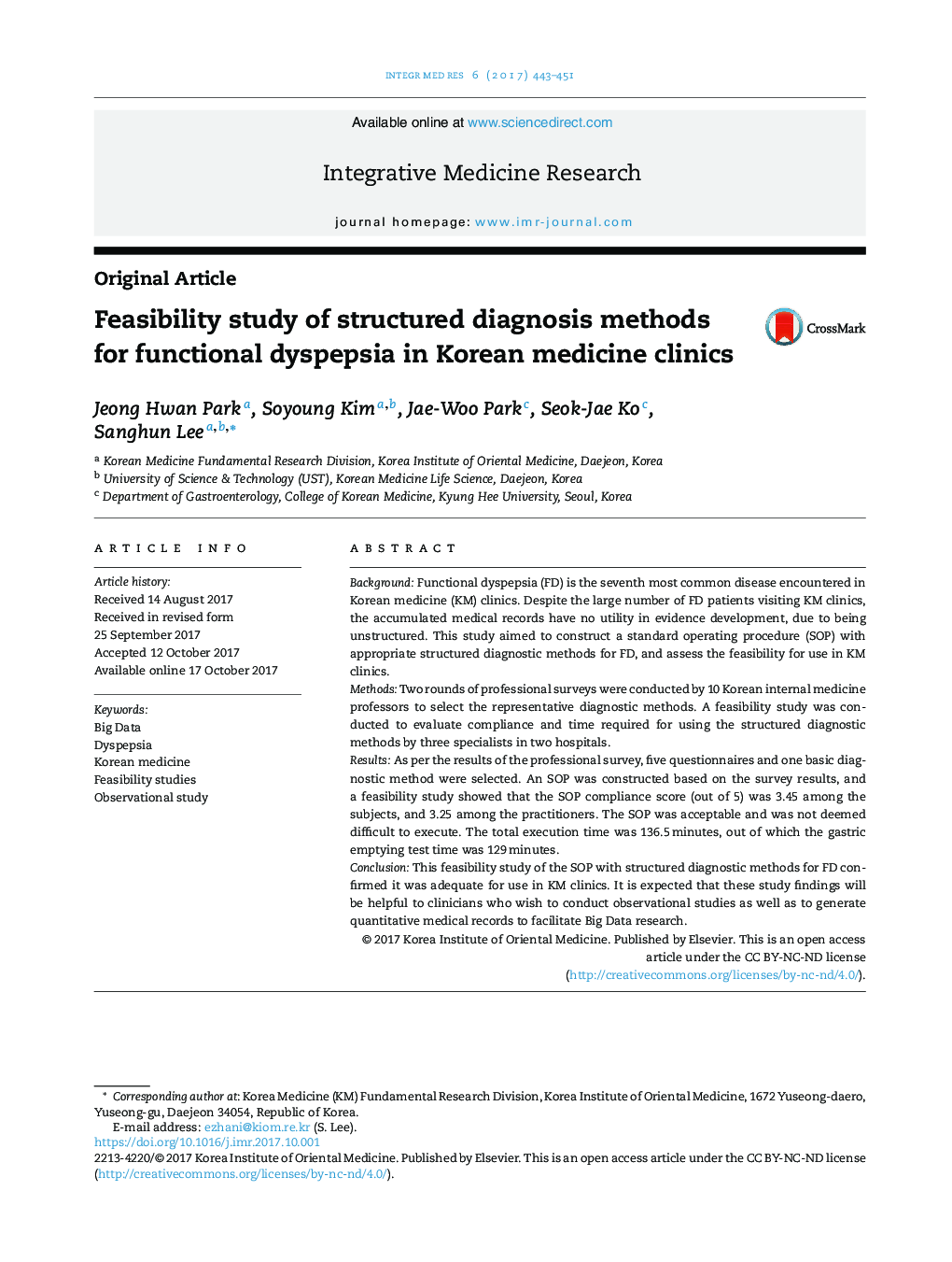 Feasibility study of structured diagnosis methods for functional dyspepsia in Korean medicine clinics