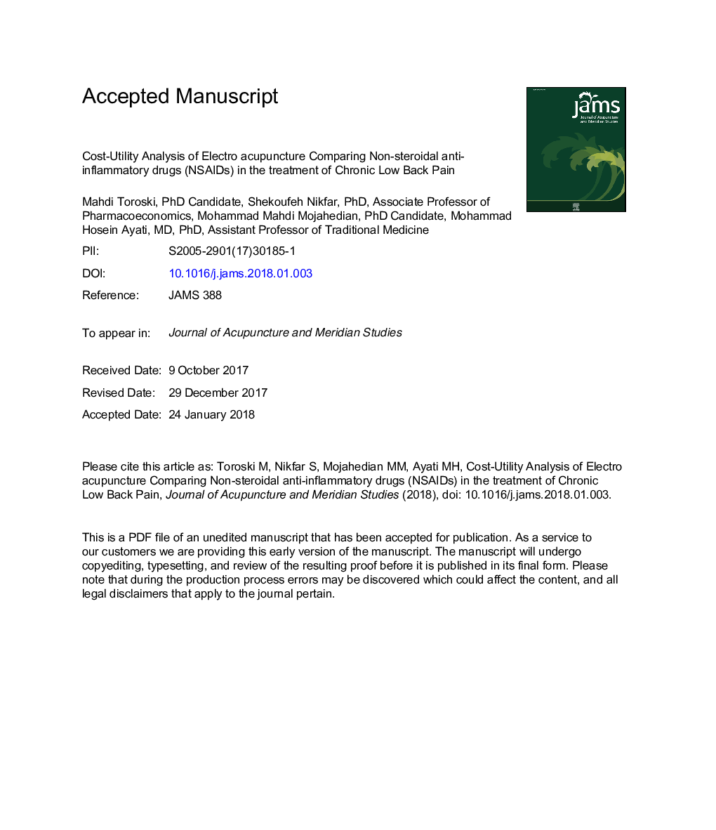 Comparison of the Cost-utility Analysis of Electroacupuncture and Nonsteroidal Antiinflammatory DrugsÂ in the Treatment of Chronic Low Back Pain