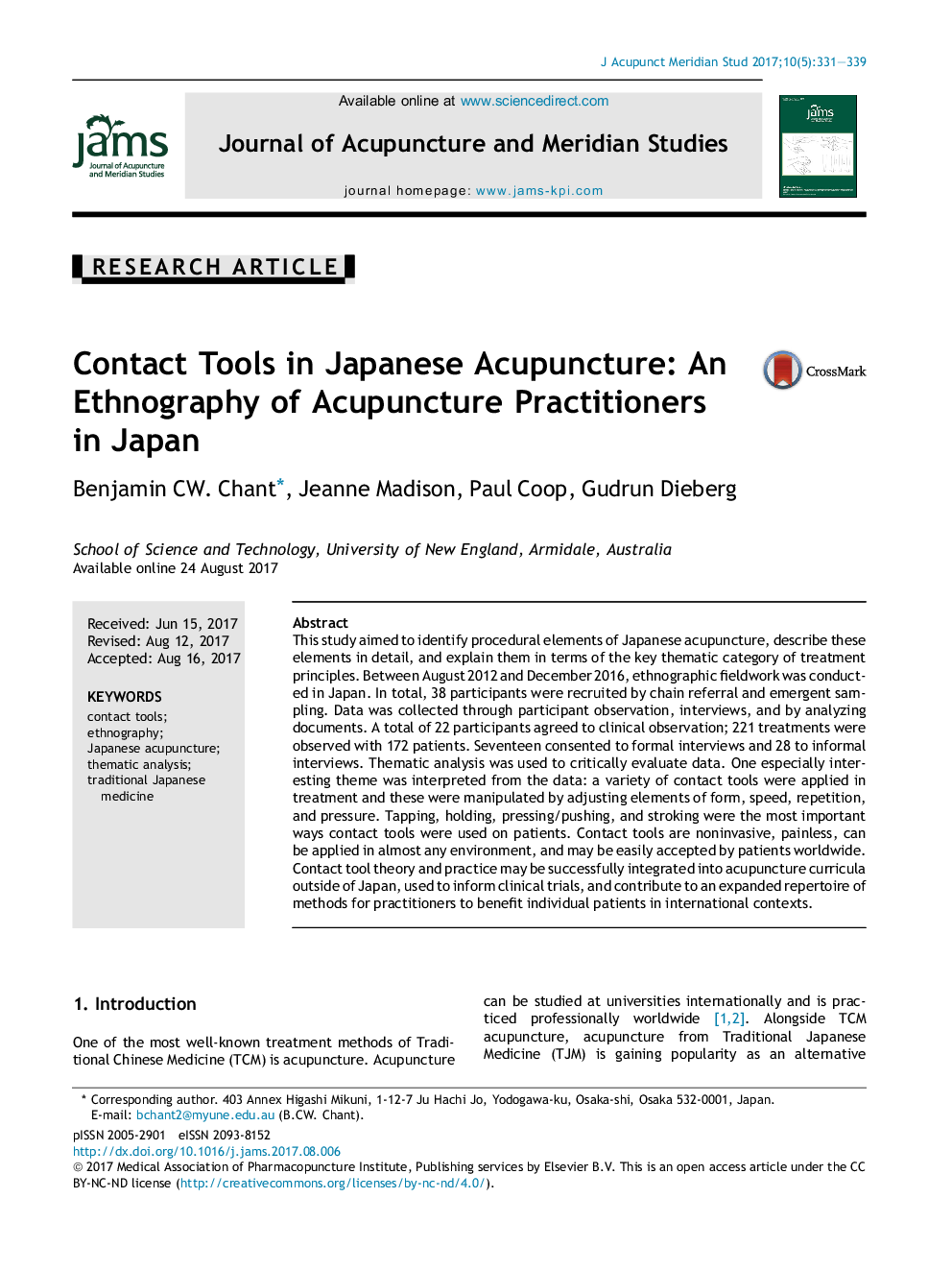 Contact Tools in Japanese Acupuncture: An Ethnography of Acupuncture Practitioners in Japan