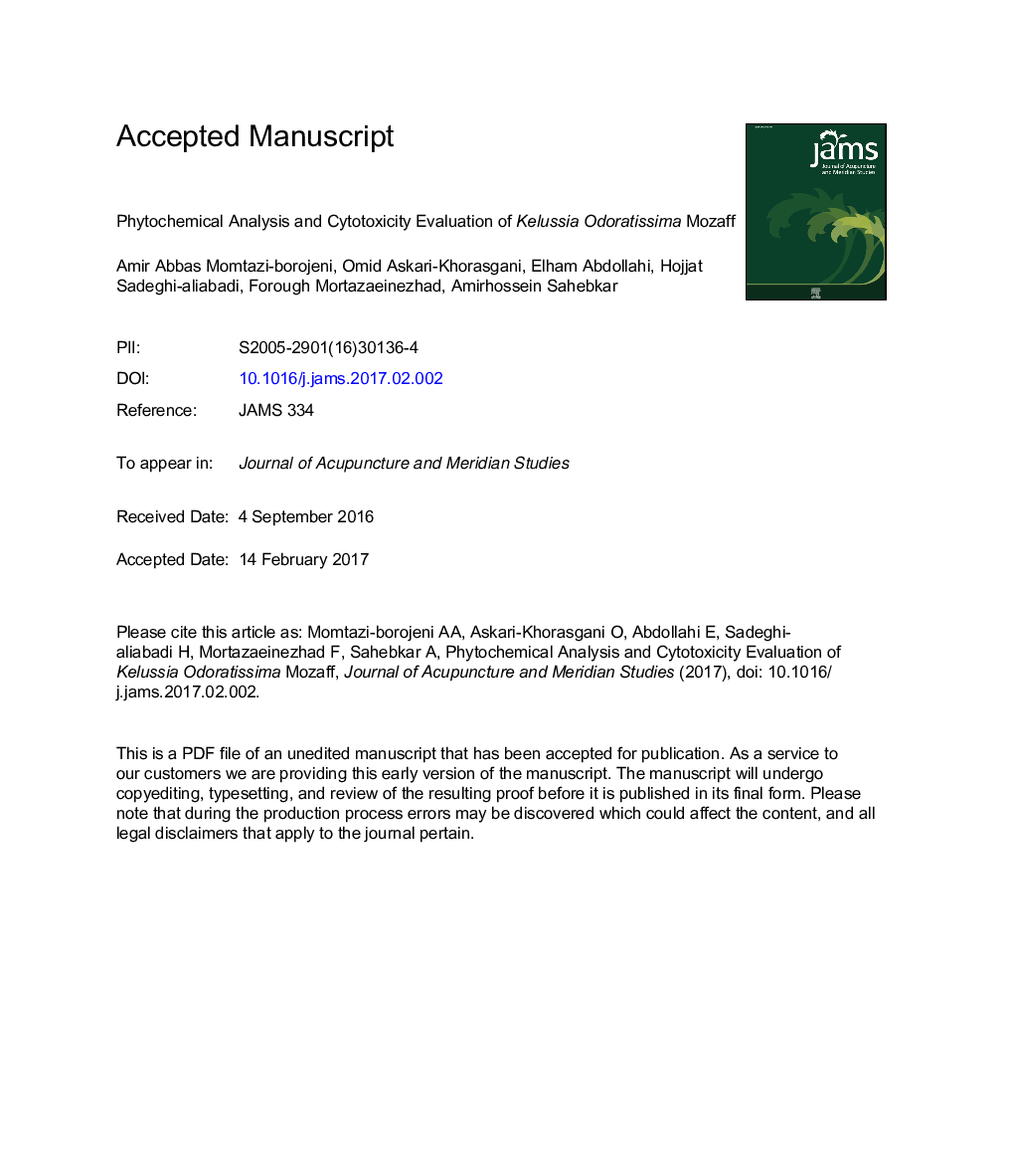 Phytochemical Analysis and Cytotoxicity Evaluation of Kelussia odoratissima Mozaff.