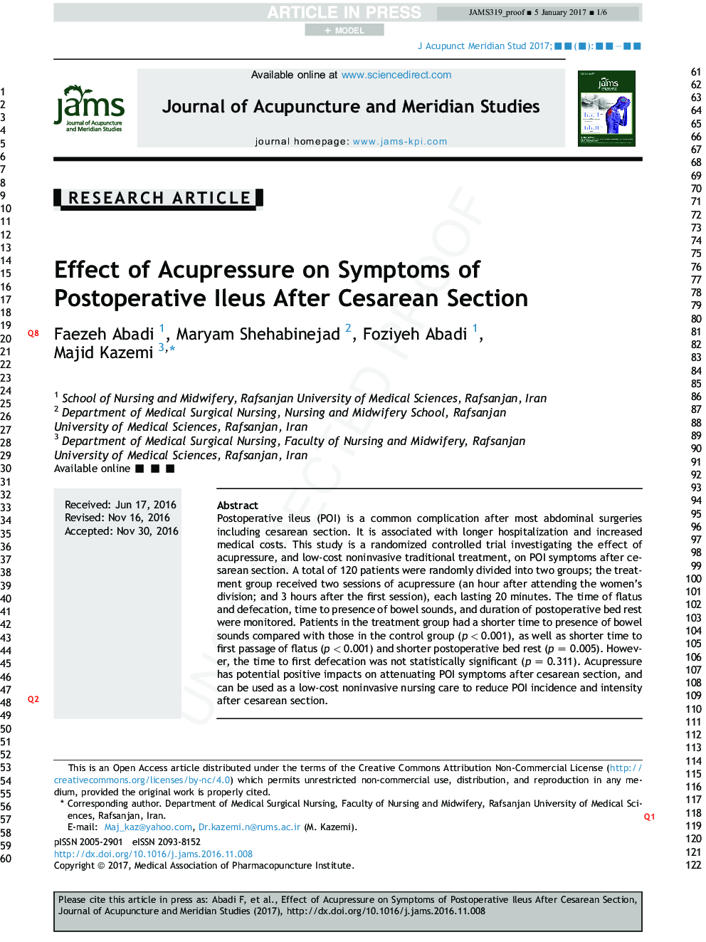 Effect of Acupressure on Symptoms of Postoperative Ileus After Cesarean Section