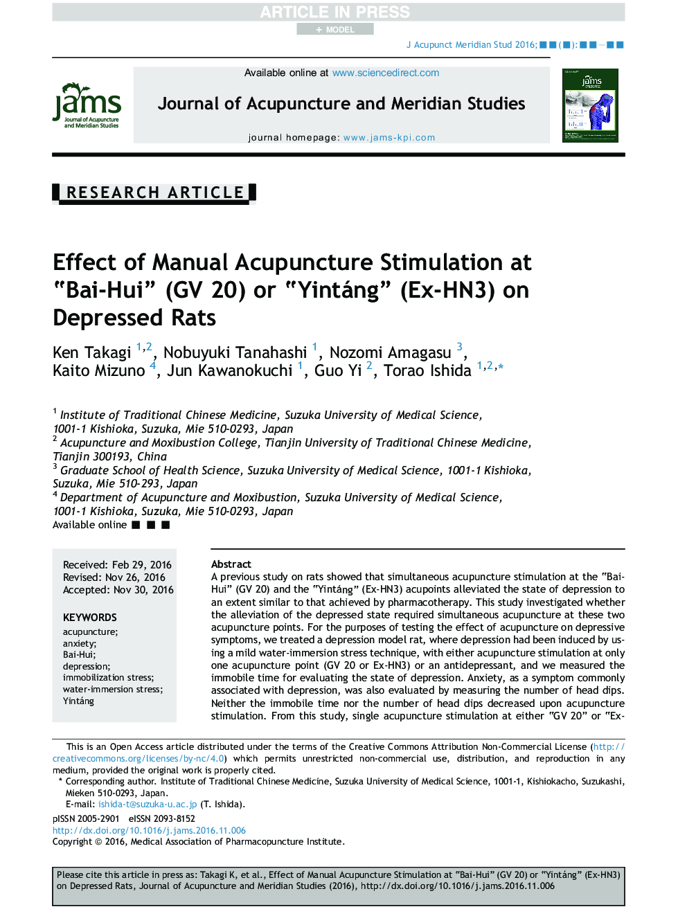 Effect of Manual Acupuncture Stimulation at “Bai-Hui” (GV 20) or “Yintáng” (Ex-HN3) on Depressed Rats