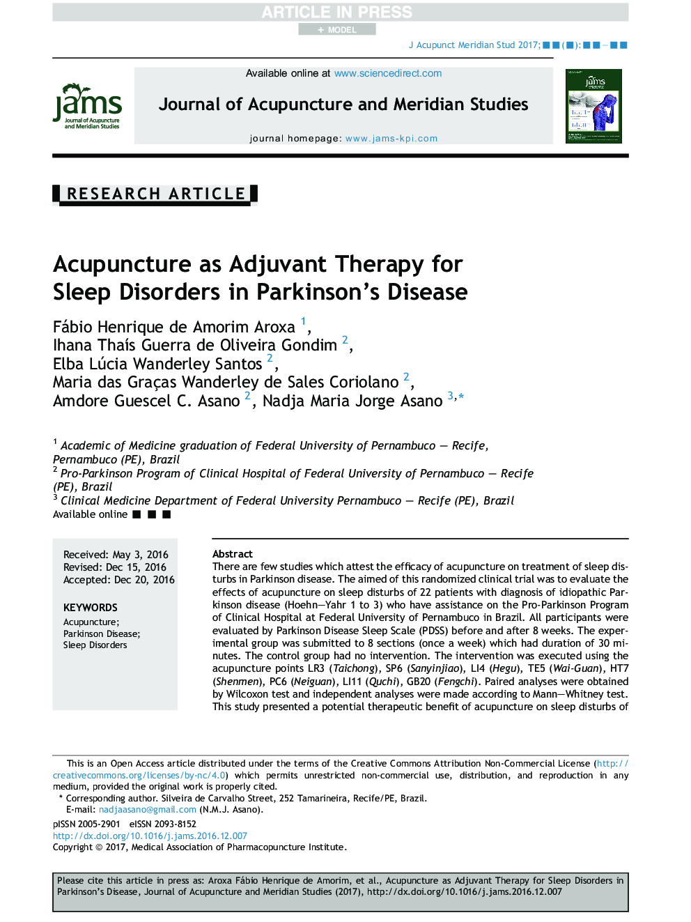 Acupuncture as Adjuvant Therapy for Sleep Disorders in Parkinson's Disease