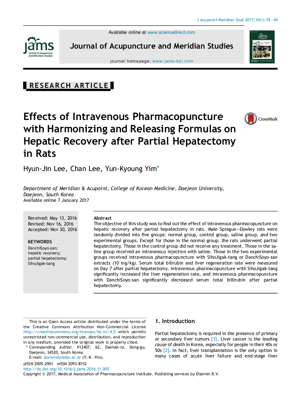 Effects of Intravenous Pharmacopuncture with Harmonizing and Releasing Formulas on Hepatic Recovery after Partial Hepatectomy in Rats