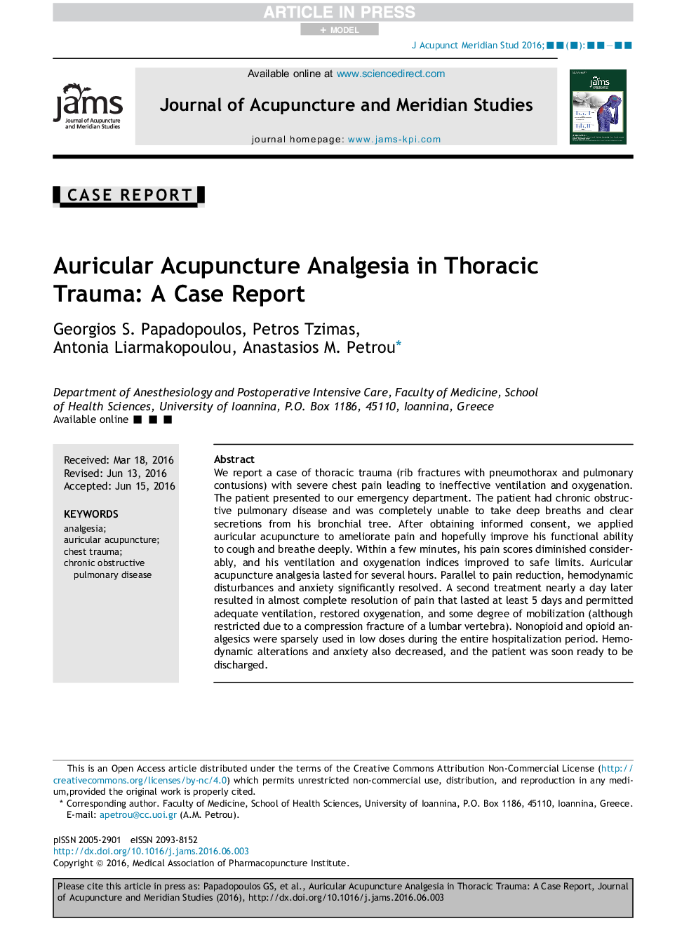 Auricular Acupuncture Analgesia in Thoracic Trauma: A Case Report