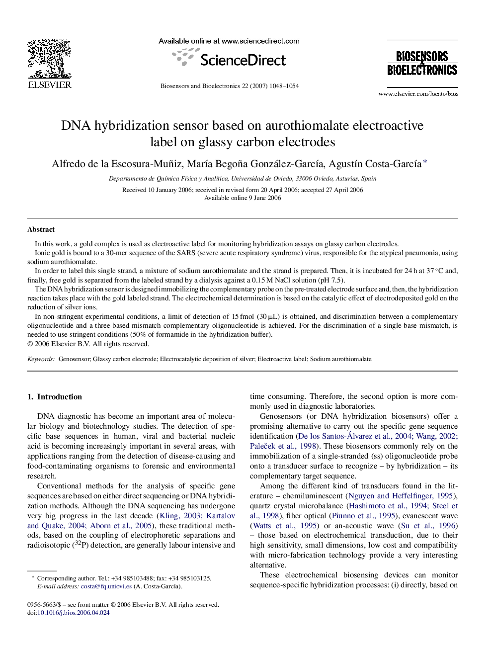 DNA hybridization sensor based on aurothiomalate electroactive label on glassy carbon electrodes