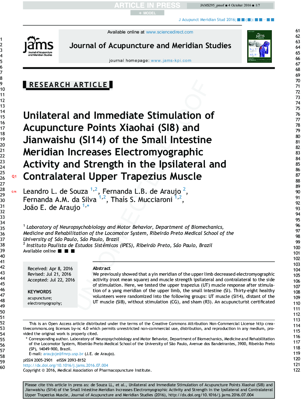 Unilateral and Immediate Stimulation of Acupuncture Points Xiaohai (SI8) and Jianwaishu (SI14) of the Small Intestine Meridian Increases Electromyographic Activity and Strength in the Ipsilateral and Contralateral Upper Trapezius Muscle