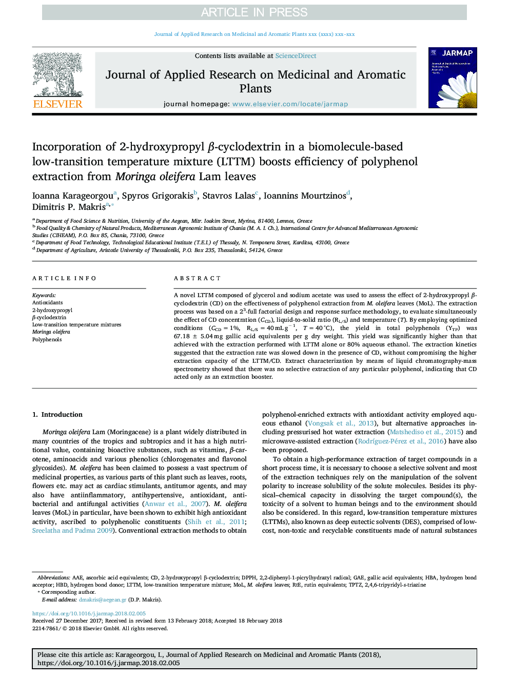 Incorporation of 2-hydroxypropyl Î²-cyclodextrin in a biomolecule-based low-transition temperature mixture (LTTM) boosts efficiency of polyphenol extraction from Moringa oleifera Lam leaves