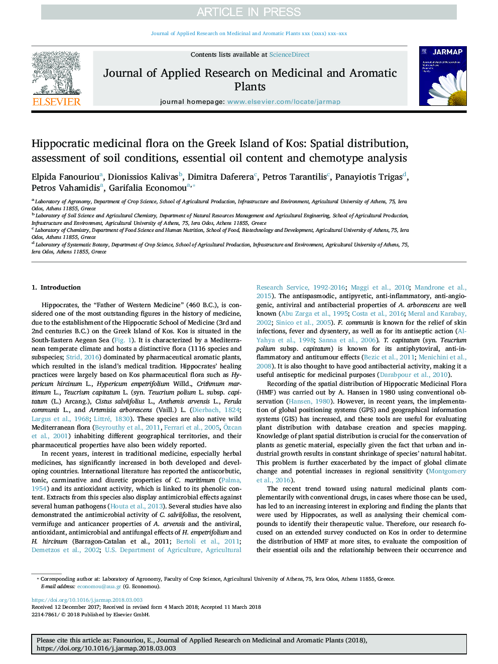 Hippocratic medicinal flora on the Greek Island of Kos: Spatial distribution, assessment of soil conditions, essential oil content and chemotype analysis