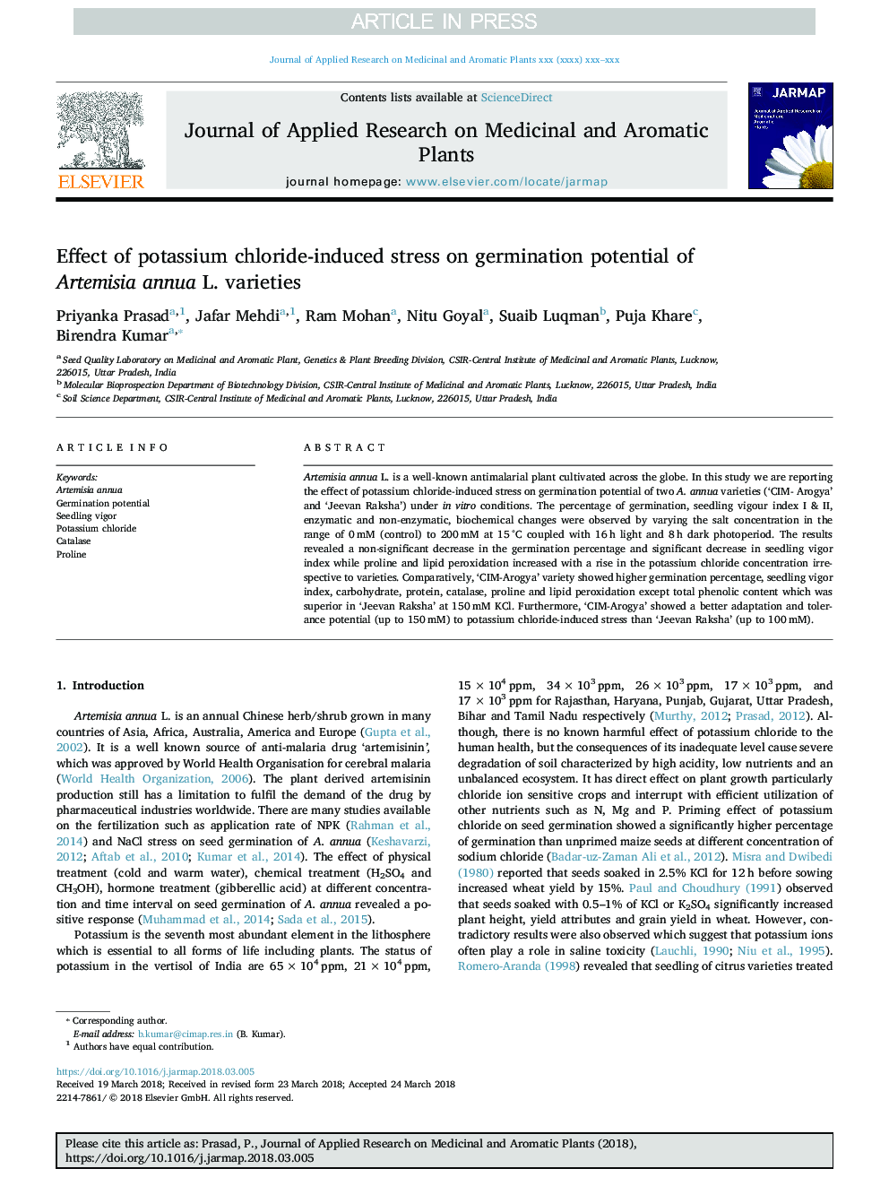 Effect of potassium chloride-induced stress on germination potential of Artemisia annua L. varieties