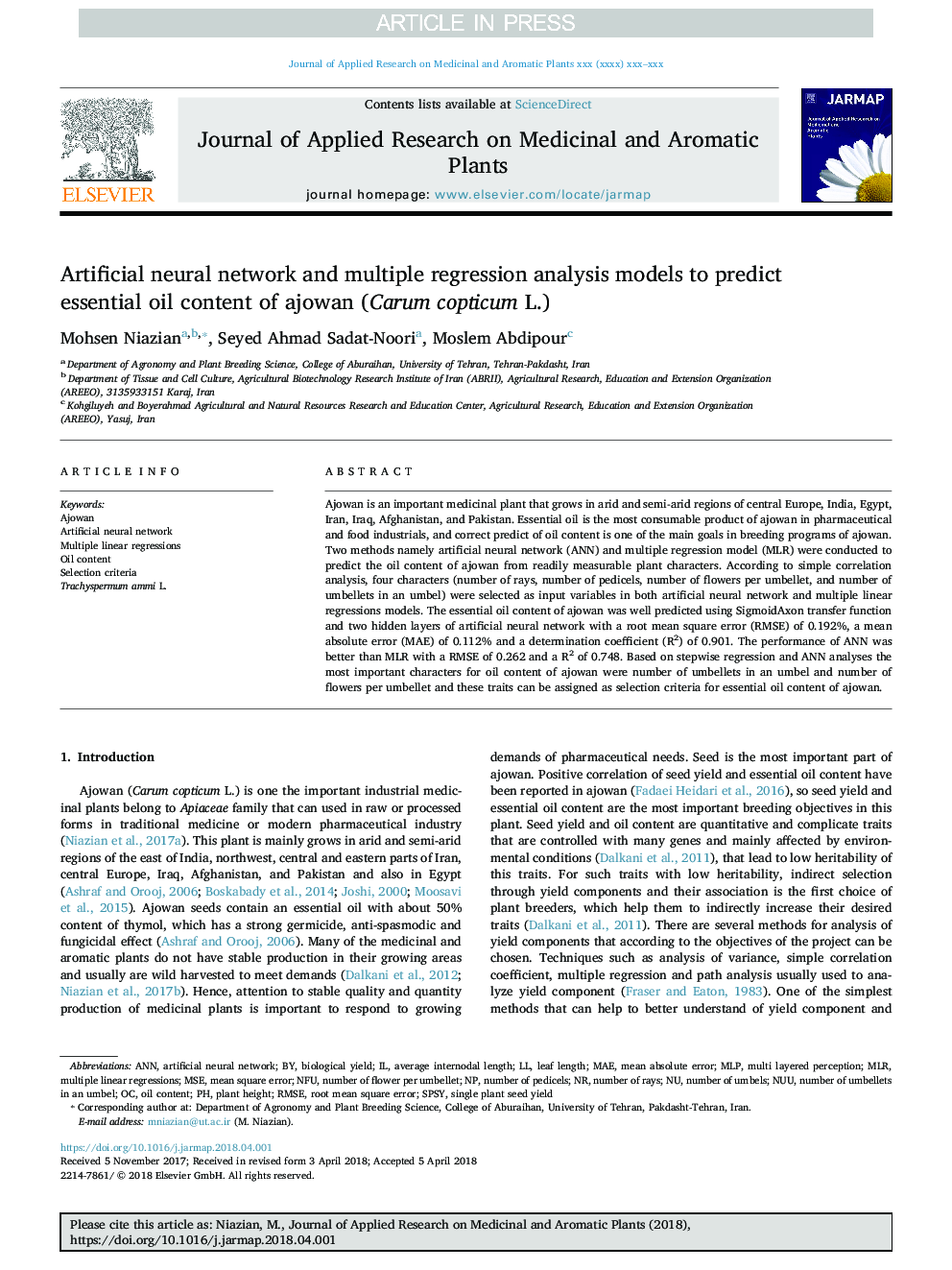 Artificial neural network and multiple regression analysis models to predict essential oil content of ajowan (Carum copticum L.)