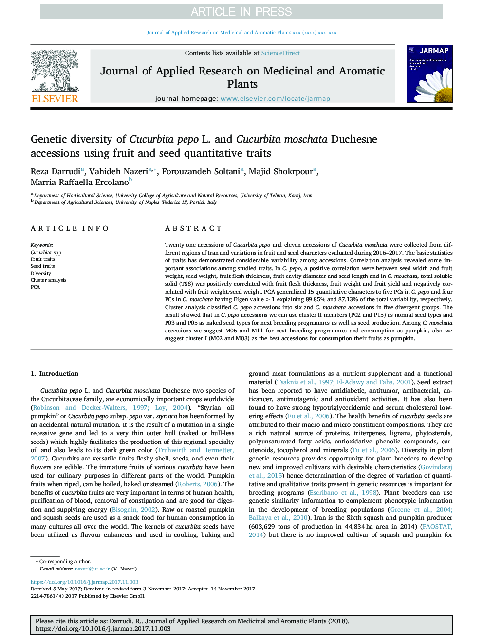 Genetic diversity of Cucurbita pepo L. and Cucurbita moschata Duchesne accessions using fruit and seed quantitative traits