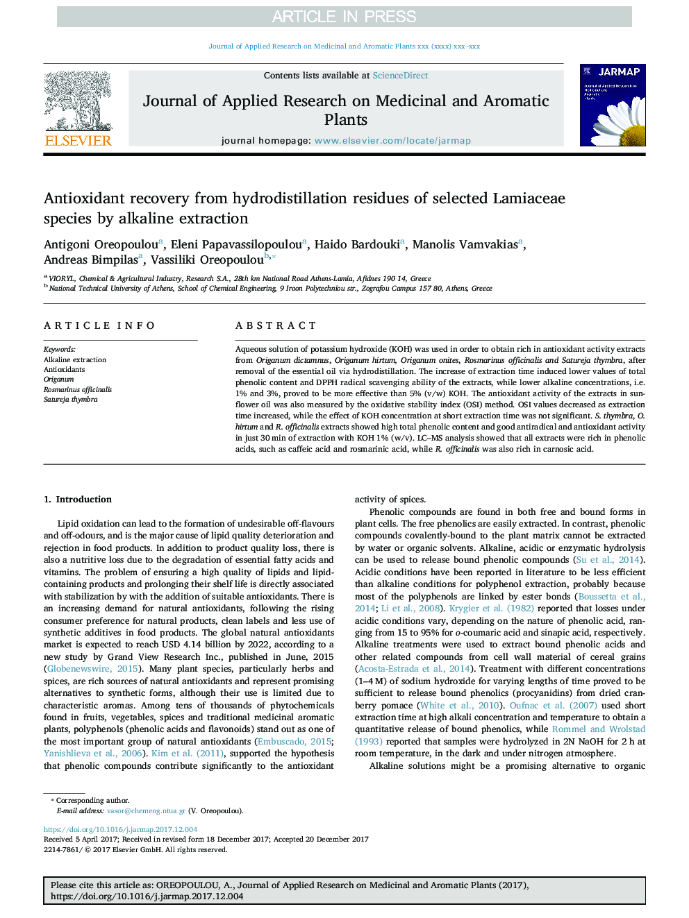 Antioxidant recovery from hydrodistillation residues of selected Lamiaceae species by alkaline extraction