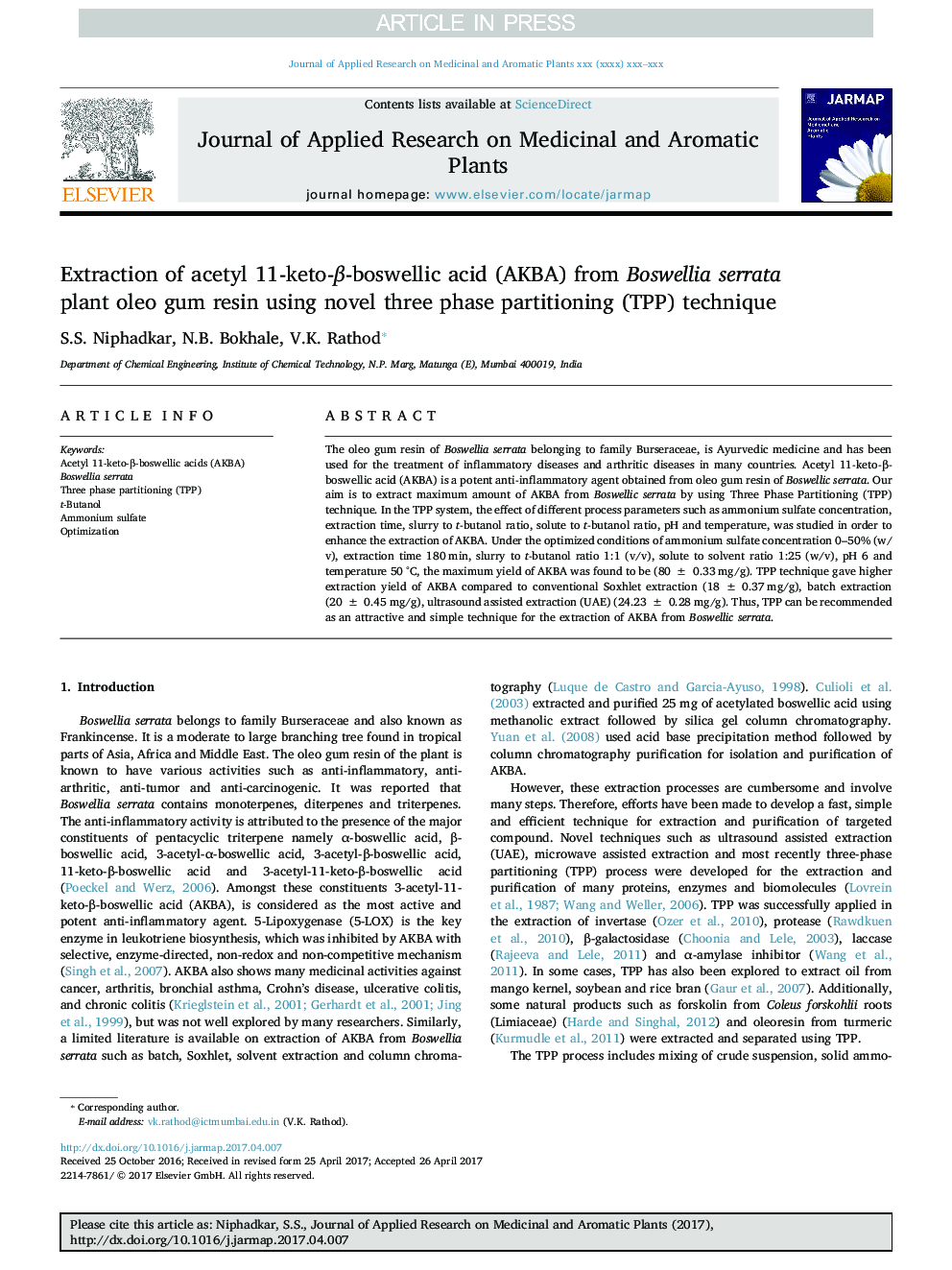 Extraction of acetyl 11-keto-Î²-boswellic acid (AKBA) from Boswellia serrata plant oleo gum resin using novel three phase partitioning (TPP) technique