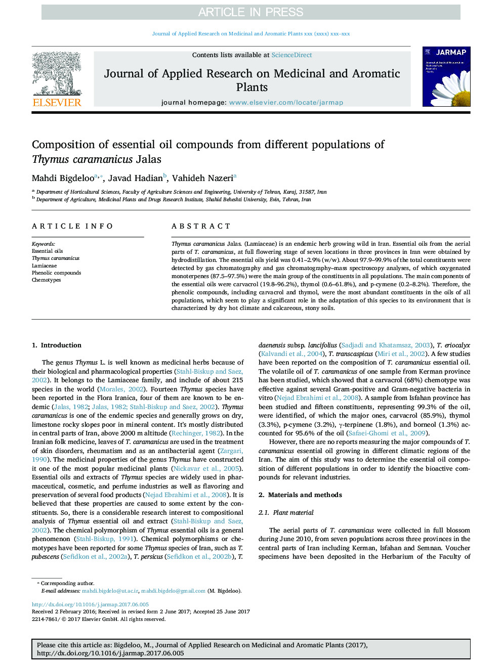 Composition of essential oil compounds from different populations of Thymus caramanicus Jalas