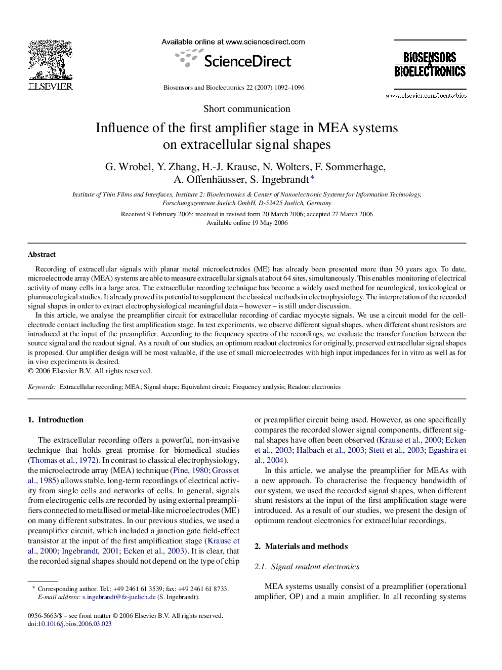 Influence of the first amplifier stage in MEA systems on extracellular signal shapes