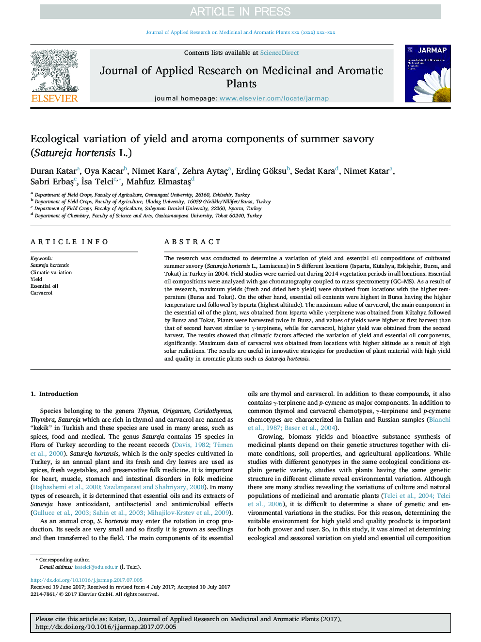 Ecological variation of yield and aroma components of summer savory (Satureja hortensis L.)