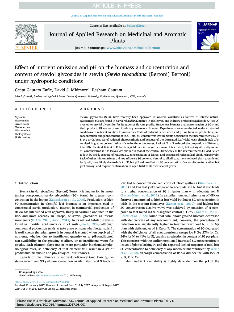 Effect of nutrient omission and pH on the biomass and concentration and content of steviol glycosides in stevia (Stevia rebaudiana (Bertoni) Bertoni) under hydroponic conditions