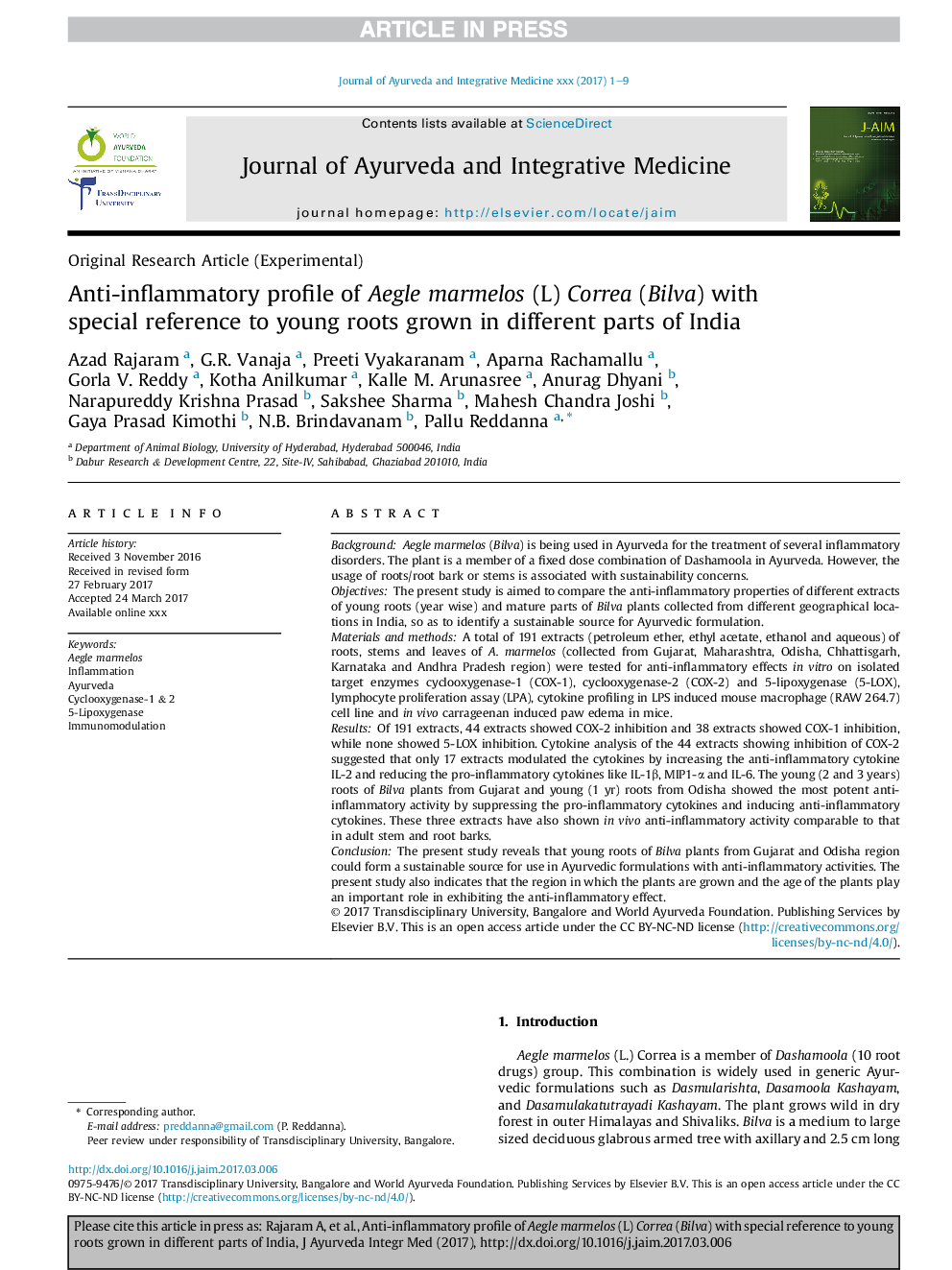 Anti-inflammatory profile of Aegle marmelos (L) Correa (Bilva) with special reference to young roots grown in different parts of India