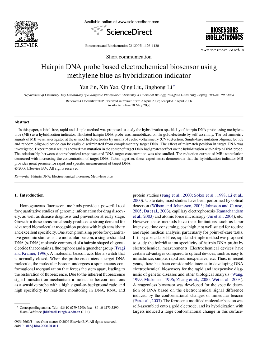 Hairpin DNA probe based electrochemical biosensor using methylene blue as hybridization indicator